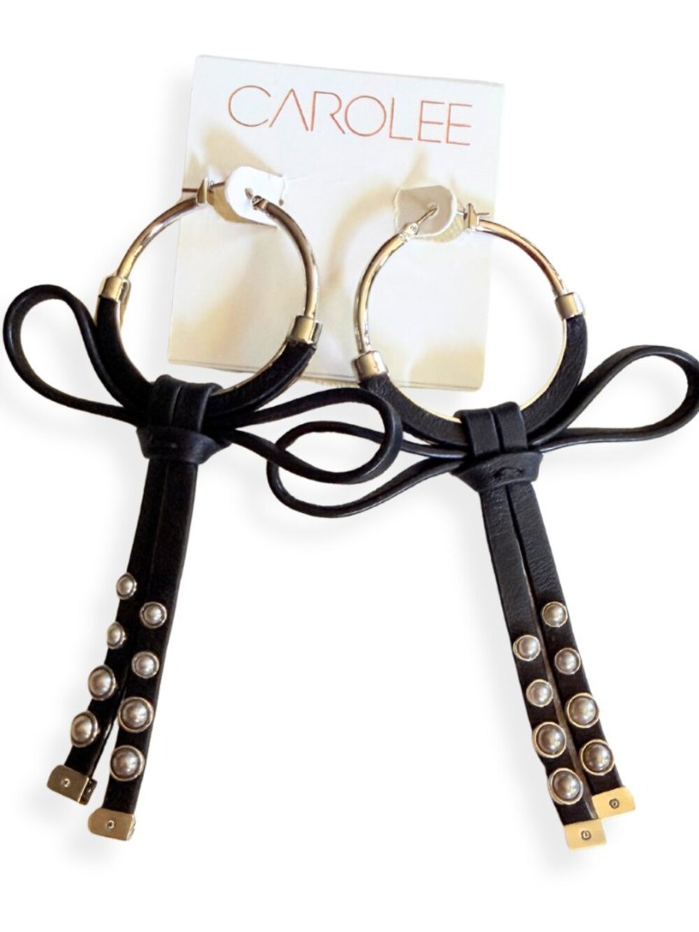 Carolee Leather Bow Earrings NWT Black Studded Statement Boho Chic